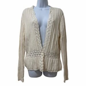 Worthington Womens Crochet Chunky Knit V Neck Cardigan Size XL Cream Grandmacore